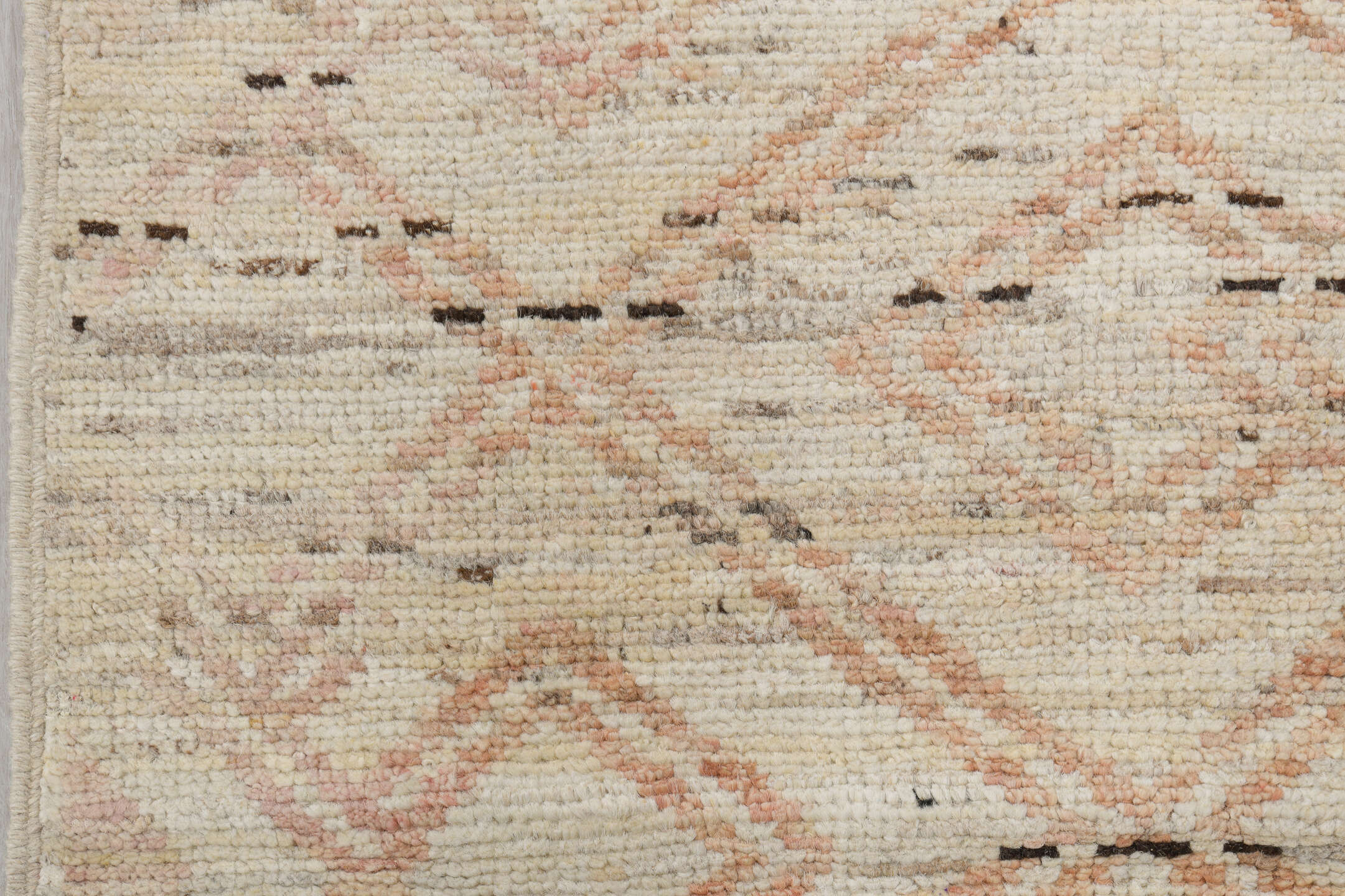 2' x 10' one-of-a-kind handmade vintage Tulu runner rug. Color palette: ivory, cream, blush, taupe, charcoal, pink, beige