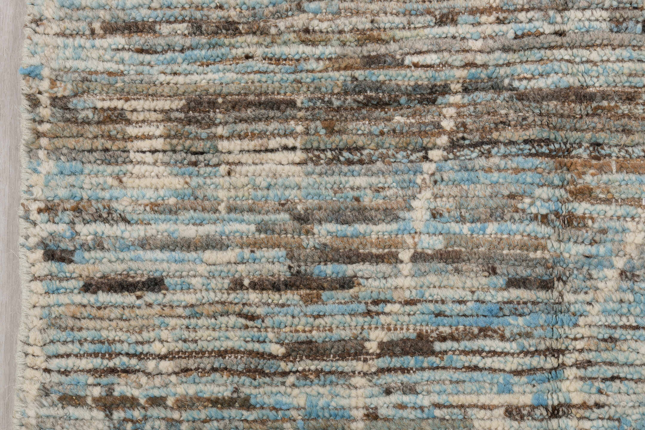 2' x 9' one-of-a-kind handmade vintage Tulu runner rug. Color palette: ivory, taupe, light blue, gray, cream, beige