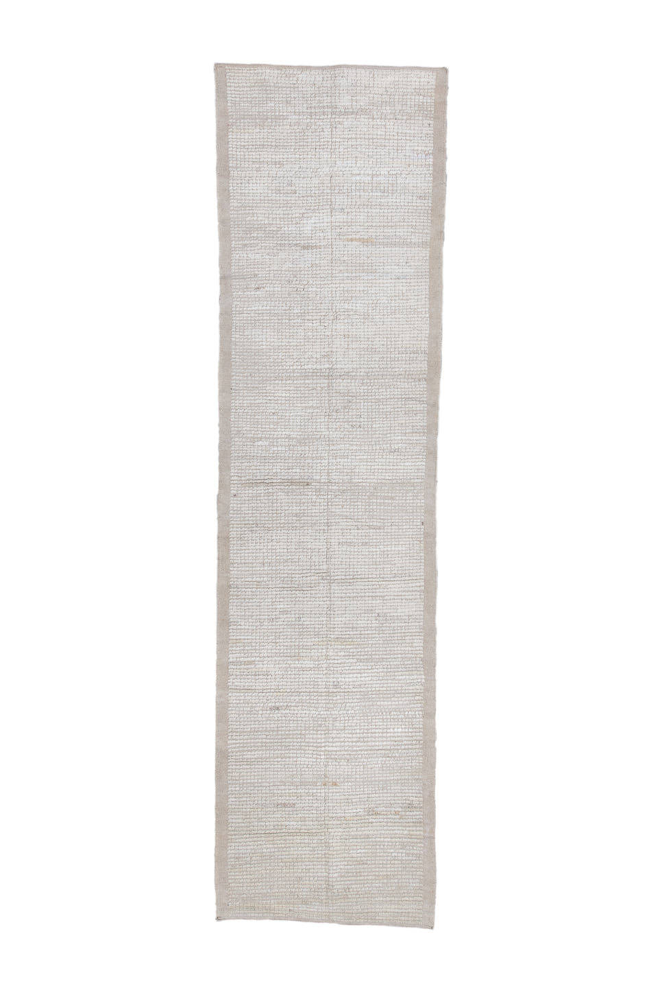 3' x 11' one-of-a-kind handmade vintage Tulu runner rug. Color palette: ivory, beige, taupe, cream, gray