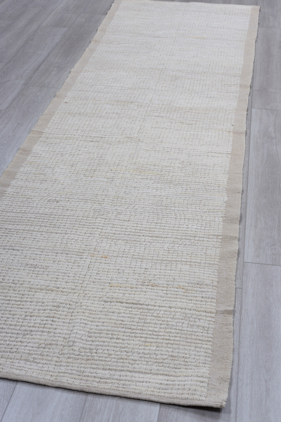 3' x 11' one-of-a-kind handmade vintage Tulu runner rug. Color palette: dark gray, gainsboro, gray, light gray, off-white