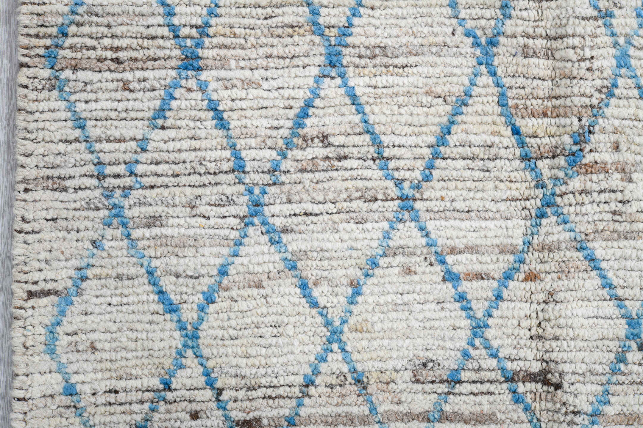 3' x 11' one-of-a-kind handmade vintage Tulu runner rug. Color palette: ivory, sky blue, taupe, gray, light blue, beige