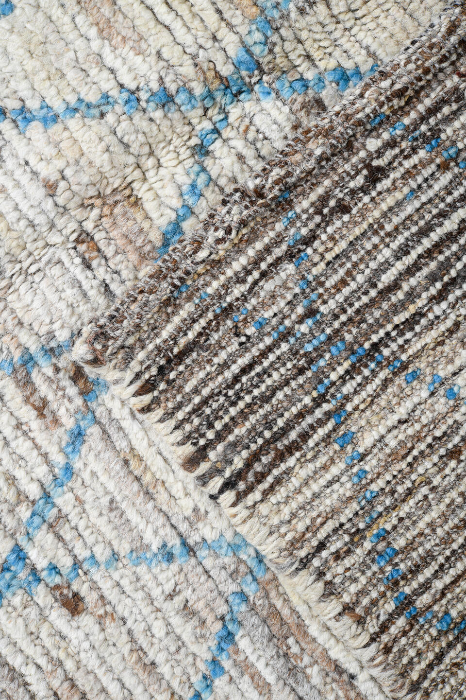 3' x 11' one-of-a-kind handmade vintage Tulu runner rug. Color palette: ivory, sky blue, taupe, gray, light blue, beige