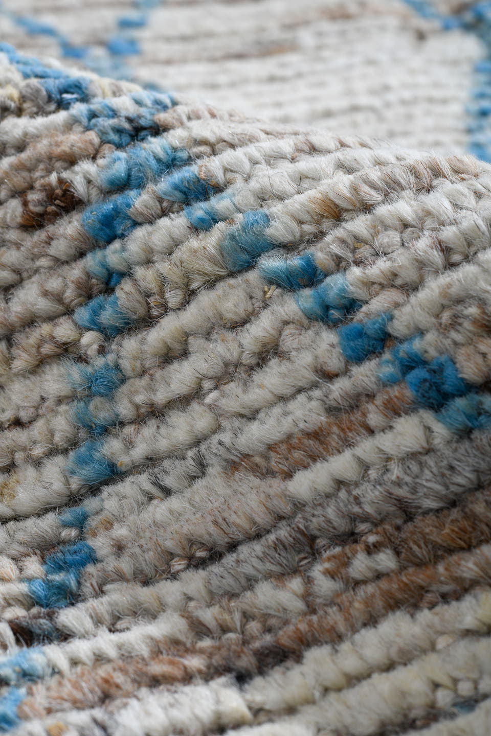 3' x 11' one-of-a-kind handmade vintage Tulu runner rug. Color palette: ivory, sky blue, taupe, gray, light blue, beige