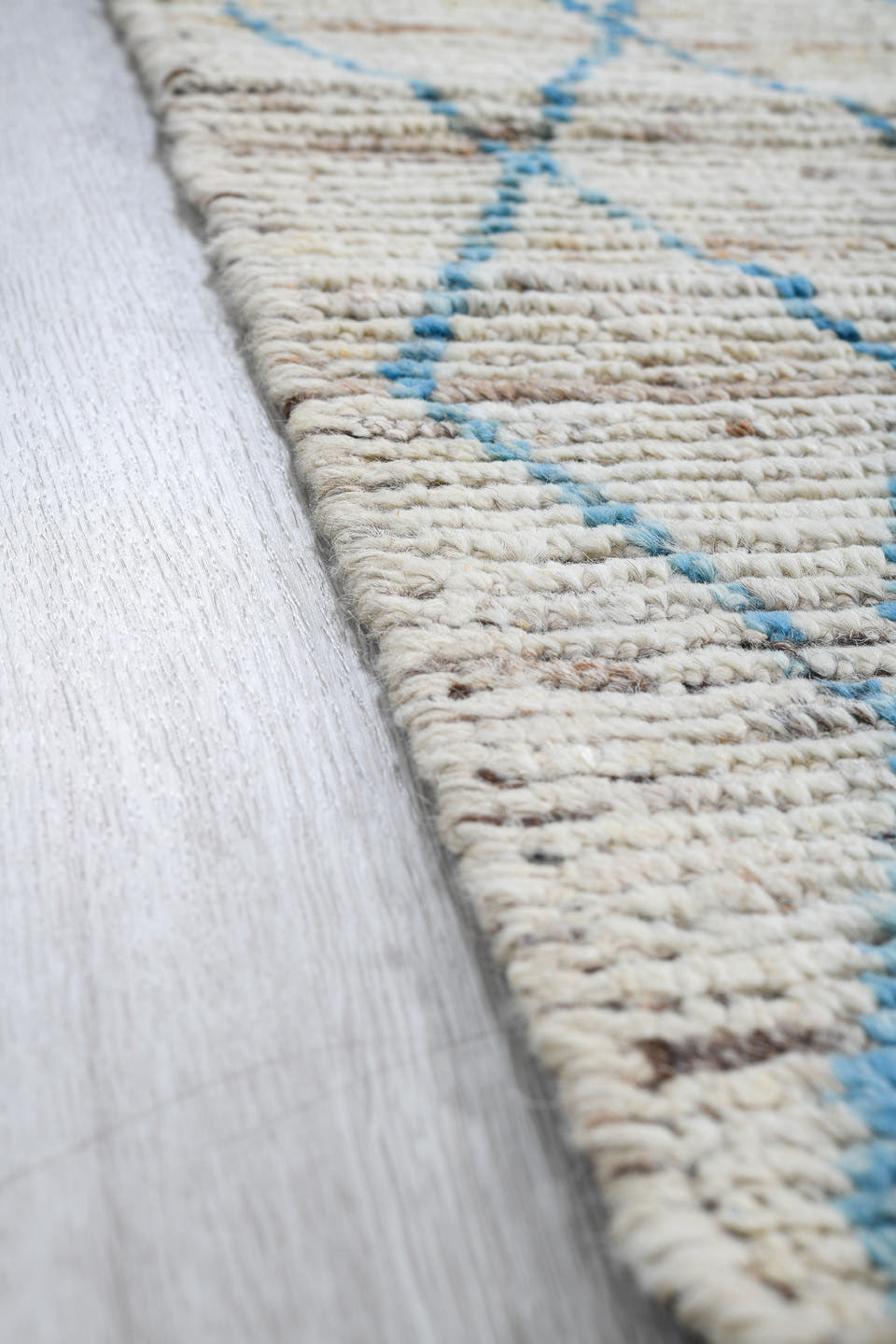 3' x 11' one-of-a-kind handmade vintage Tulu runner rug. Color palette: ivory, sky blue, taupe, gray, light blue, beige