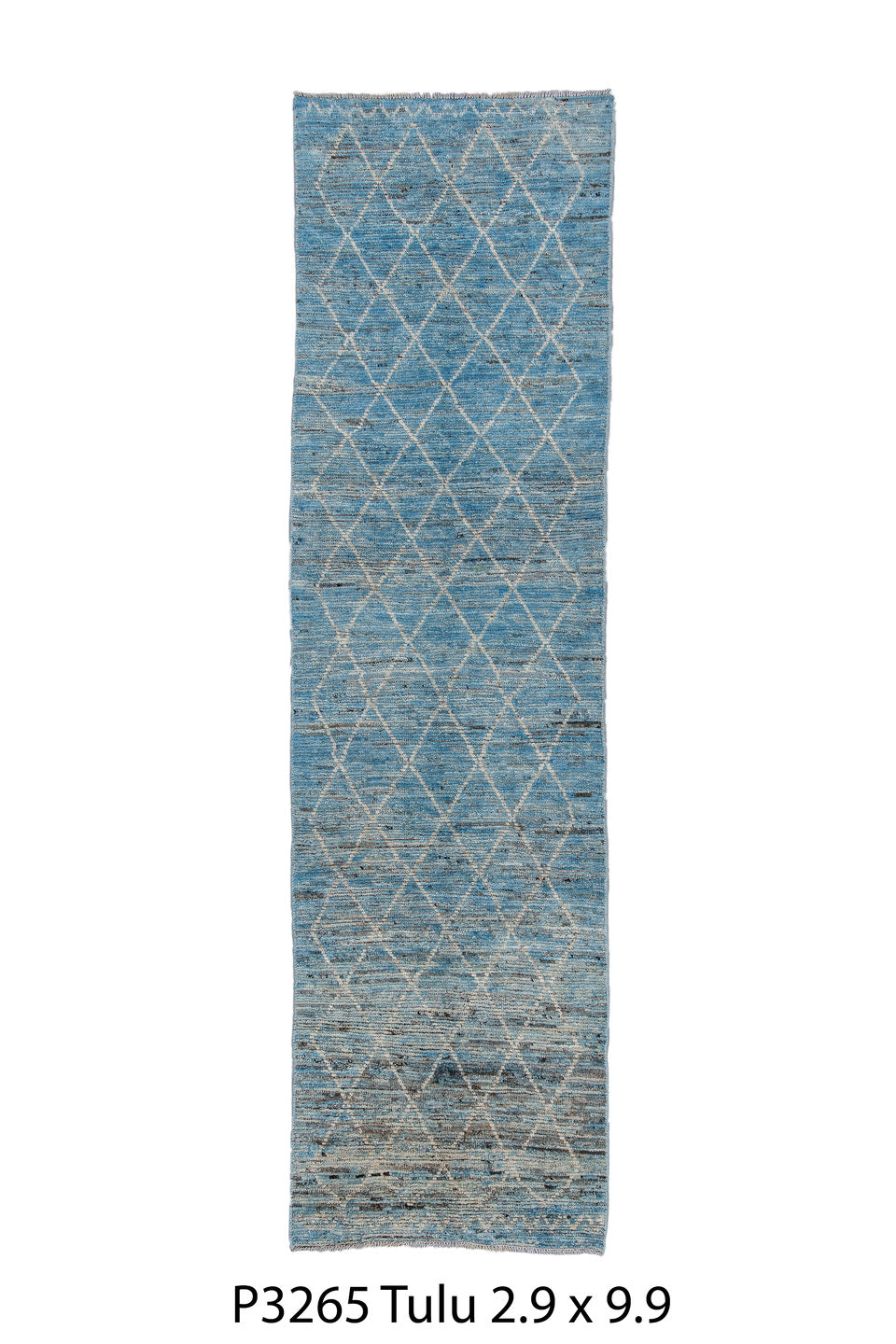 2' x 9' one-of-a-kind handmade vintage Tulu runner rug. Color palette: black, blue, charcoal, dark gray, dim gray, gray