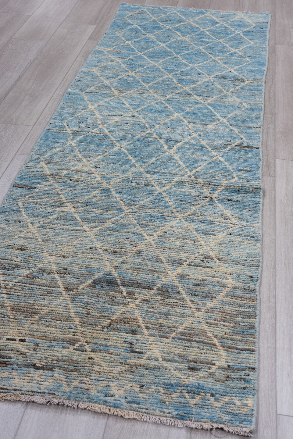 2' x 9' one-of-a-kind handmade vintage Tulu runner rug. Color palette: black, blue, charcoal, dark gray, dim gray, gray