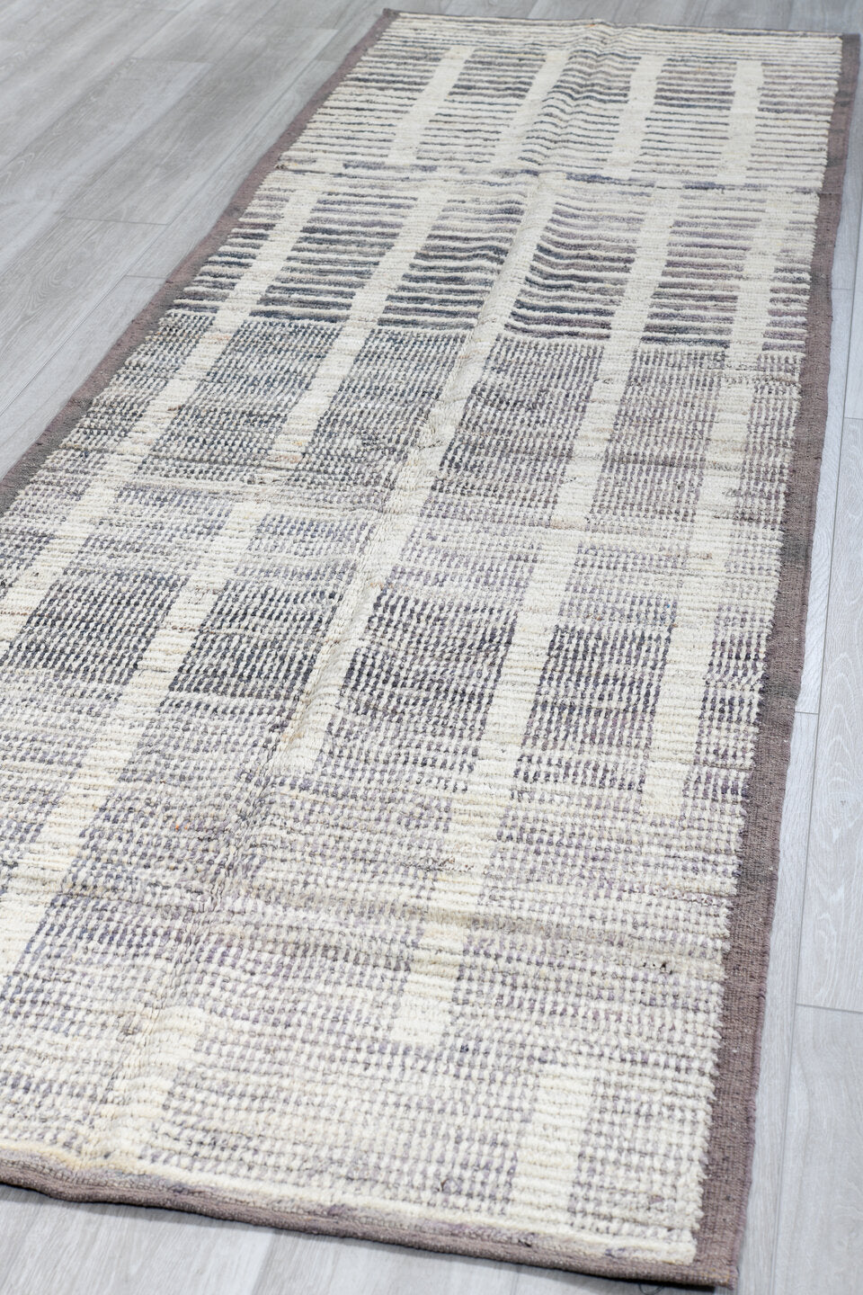 3' x 11' one-of-a-kind handmade vintage Tulu runner rug. Color palette: ivory, gray, taupe, charcoal, beige, black