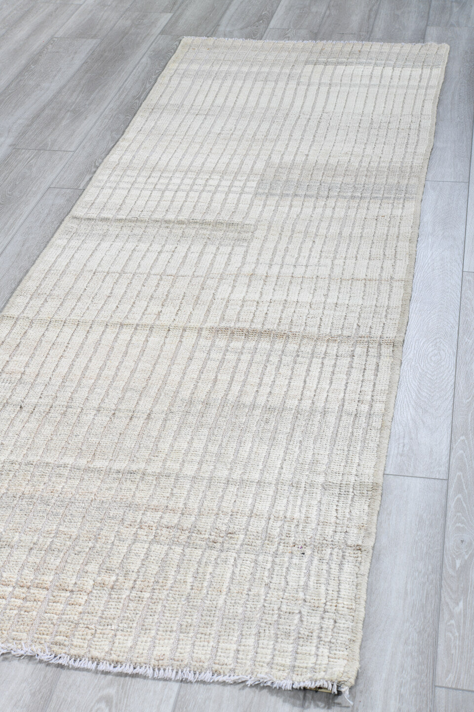 2' x 9' one-of-a-kind handmade vintage Tulu runner rug. Color palette: ivory, cream, light gray, taupe, beige, gray