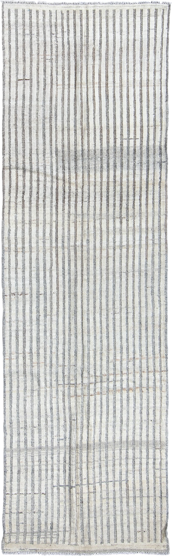 2' x 10' one-of-a-kind handmade vintage Tulu runner rug. Color palette: ivory, gray, taupe, cream, beige