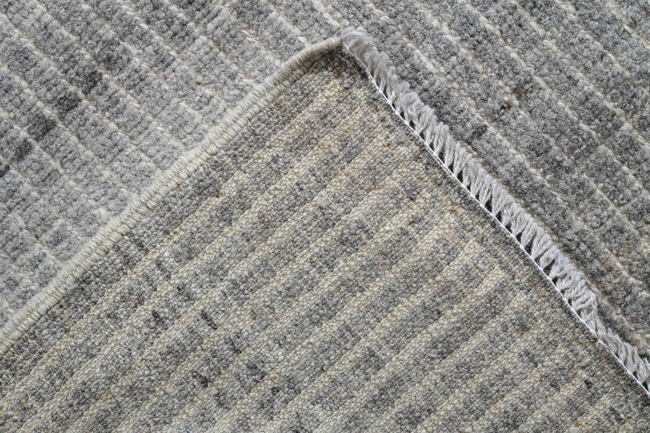 3' x 9' one-of-a-kind handmade vintage Kilim runner rug. Color palette: gray, ivory, slate, cream