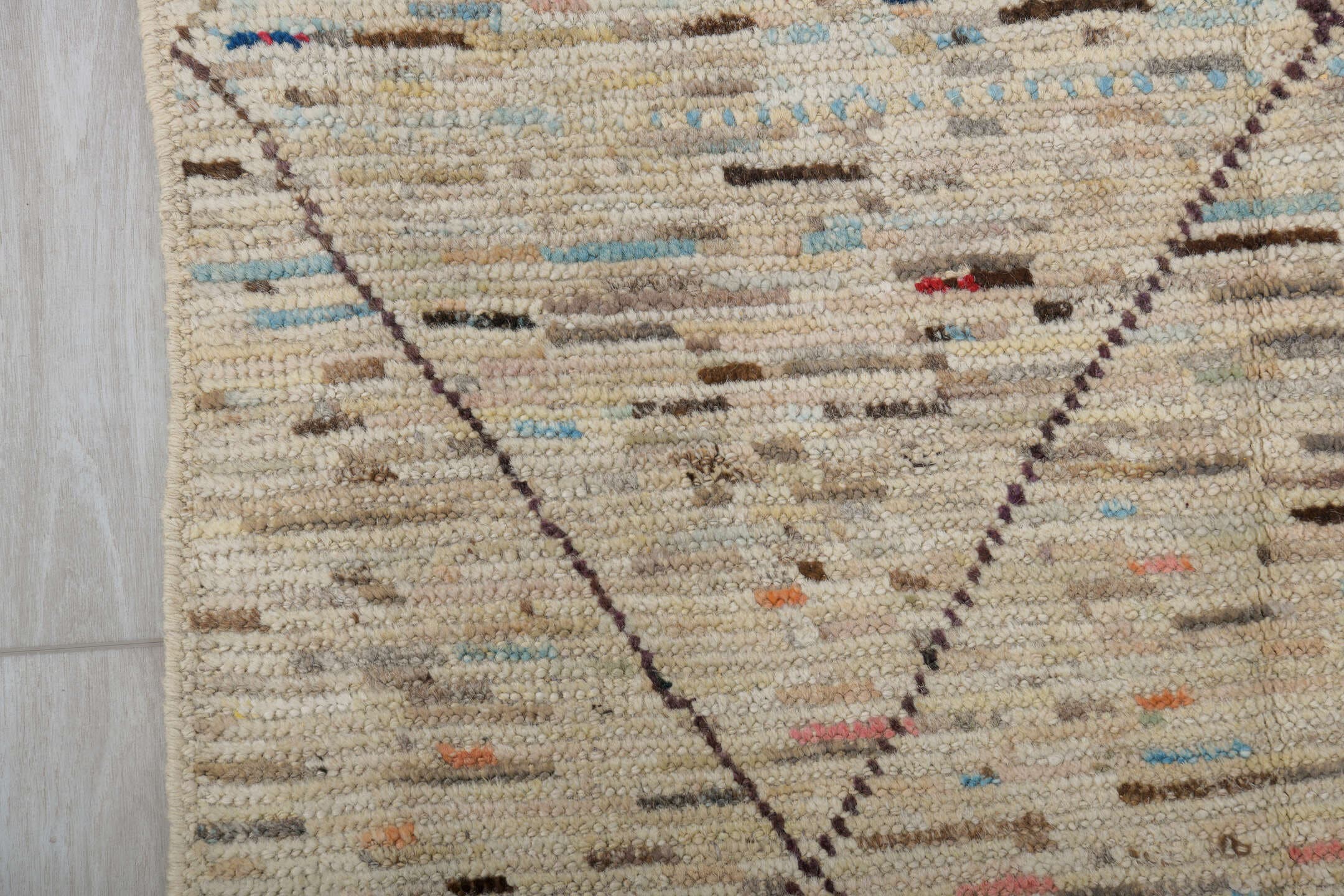 2' x 10' one-of-a-kind handmade vintage Tulu runner rug. Color palette: ivory, taupe, charcoal, camel, slate, sky_blue