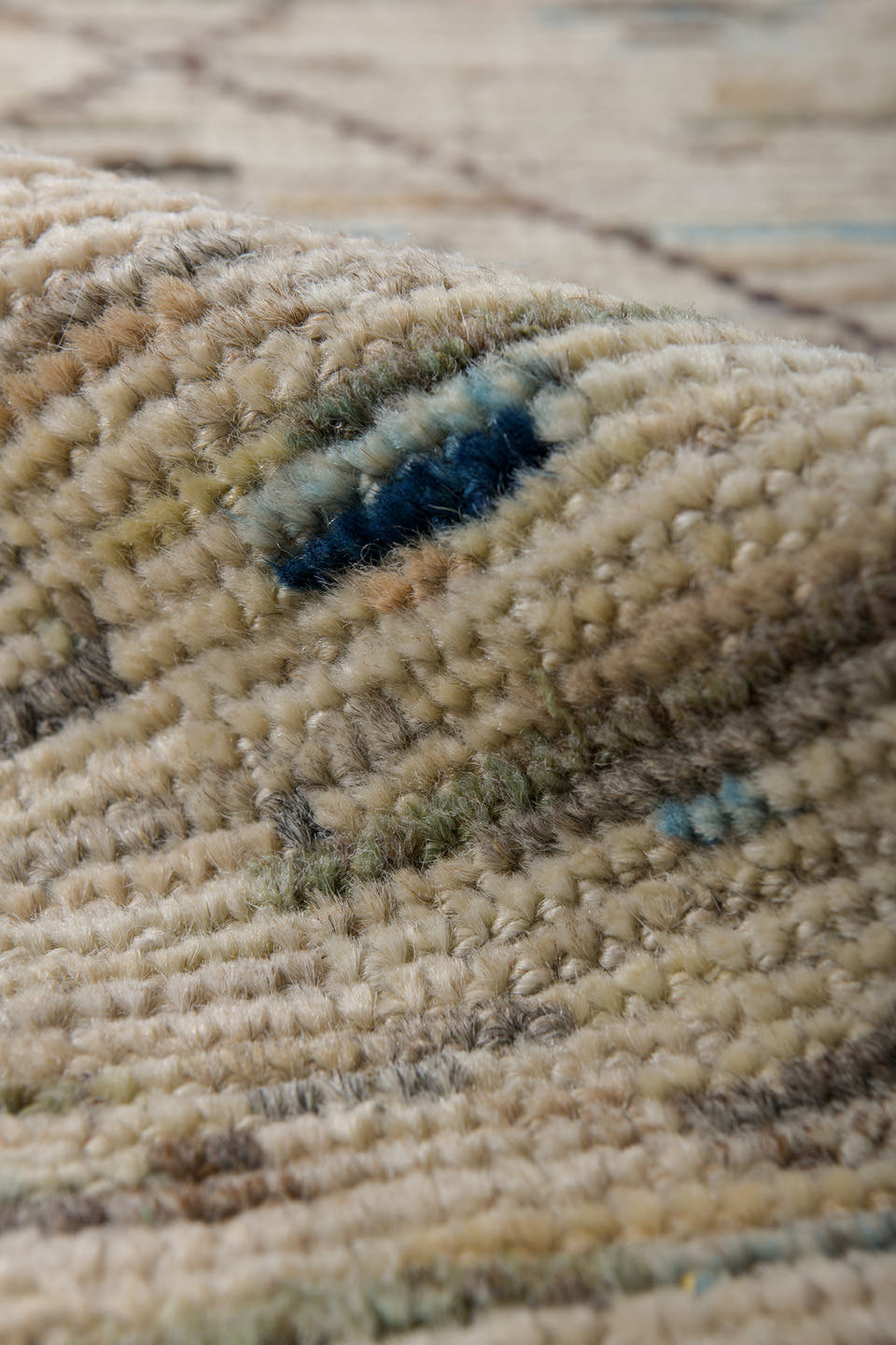 2' x 10' one-of-a-kind handmade vintage Tulu runner rug. Color palette: ivory, taupe, charcoal, camel, slate, sky_blue