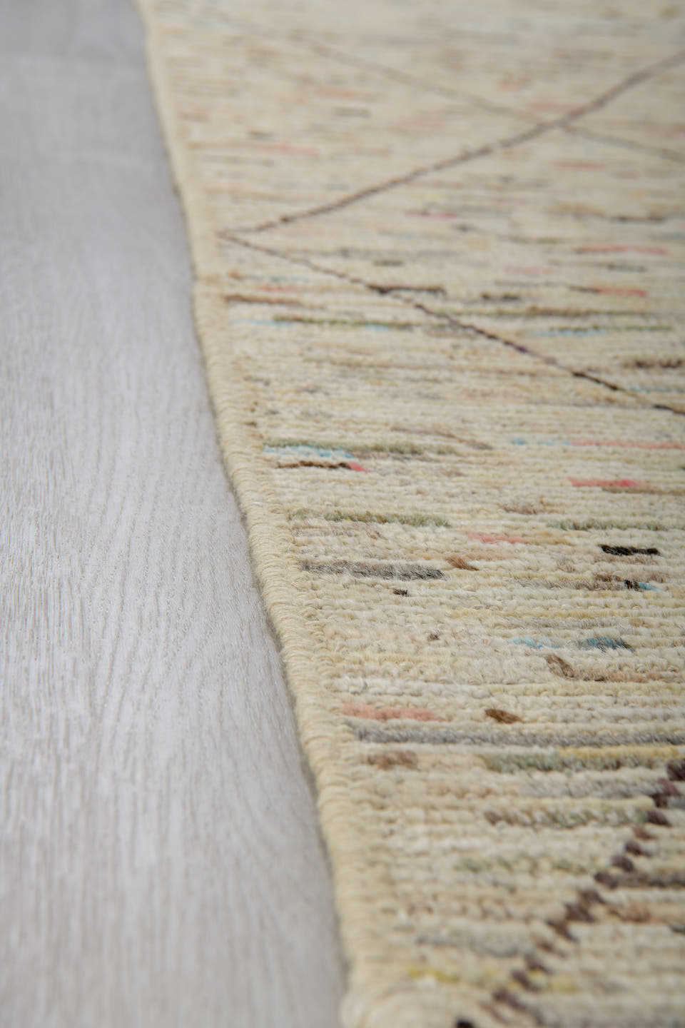 2' x 10' one-of-a-kind handmade vintage Tulu runner rug. Color palette: ivory, taupe, charcoal, camel, slate, sky_blue