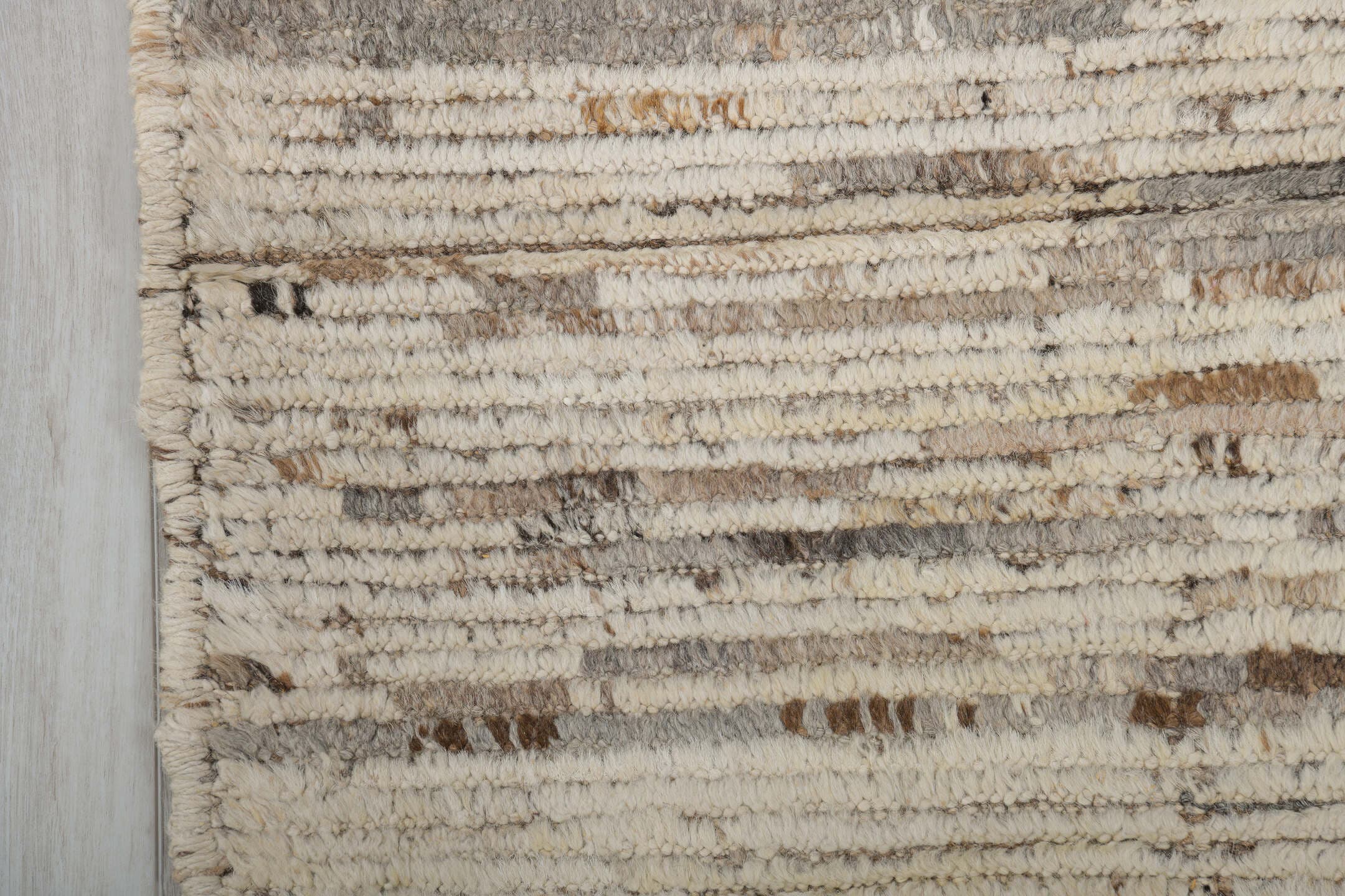 2' x 9' one-of-a-kind handmade vintage Tulu runner rug. Color palette: ivory, taupe, charcoal, brown, cream, gray, beige