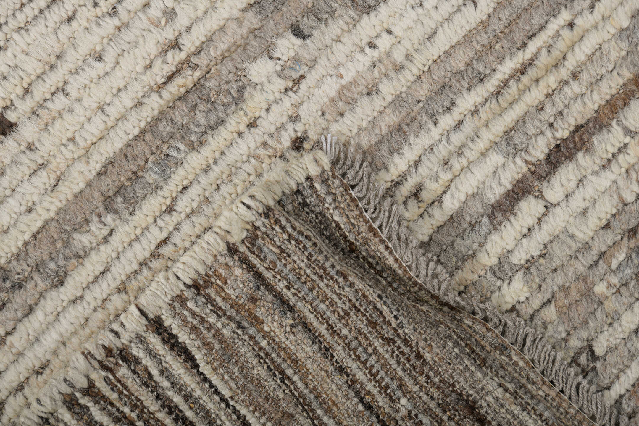 2' x 9' one-of-a-kind handmade vintage Tulu runner rug. Color palette: ivory, taupe, charcoal, brown, cream, gray, beige