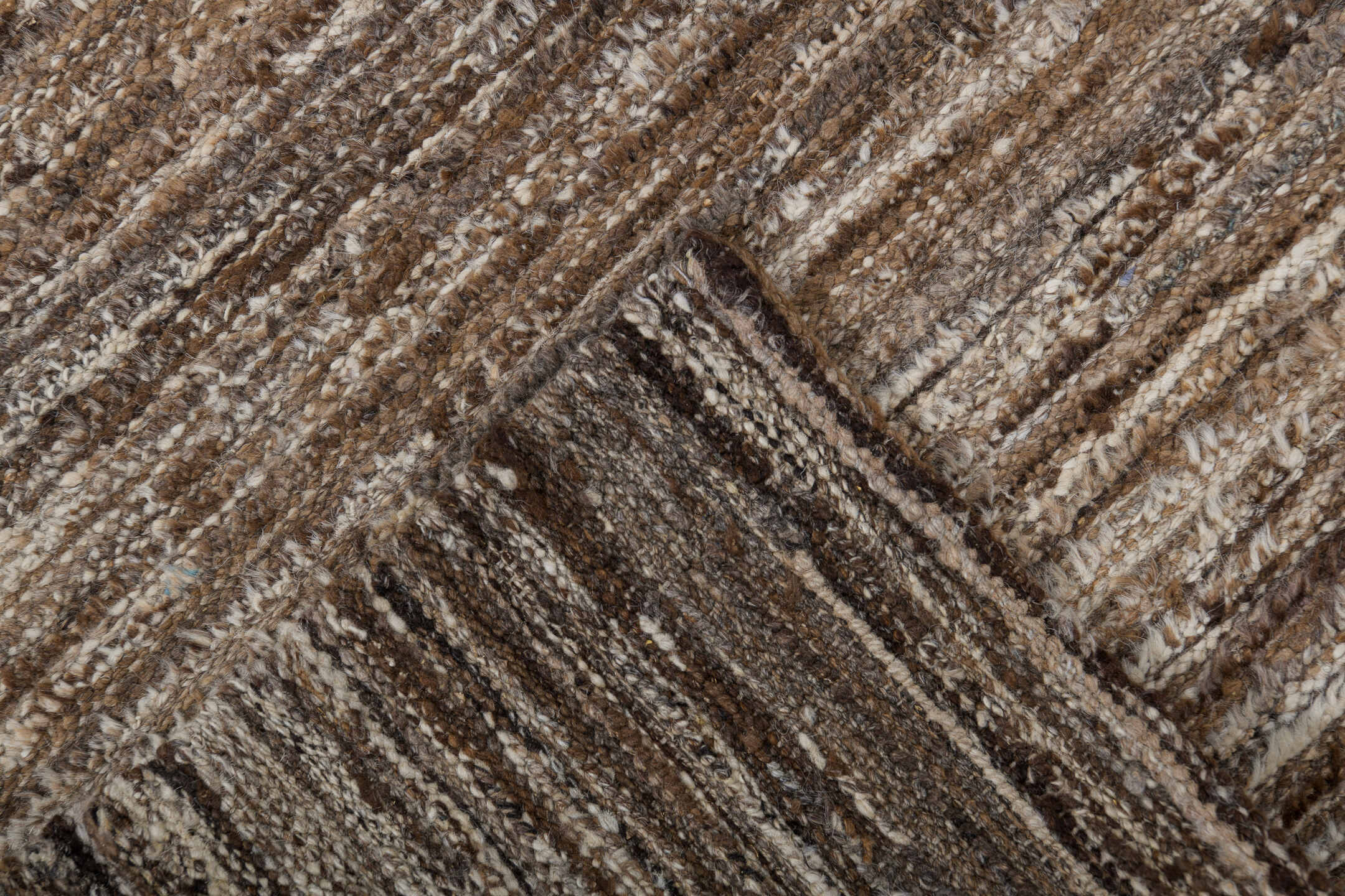 3' x 9' one-of-a-kind handmade vintage Tulu runner rug. Color palette: brown, ivory, taupe, camel, charcoal, beige, gray