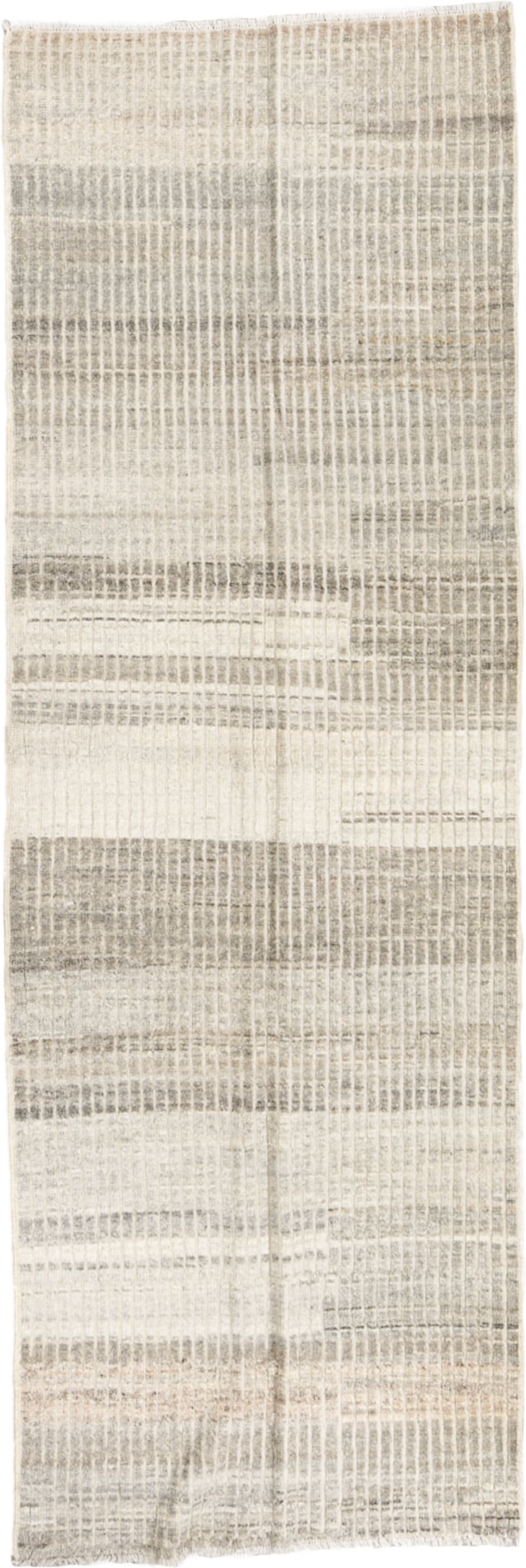 3' x 9' one-of-a-kind handmade vintage Tulu runner rug. Color palette: ivory, taupe, gray, cream, beige
