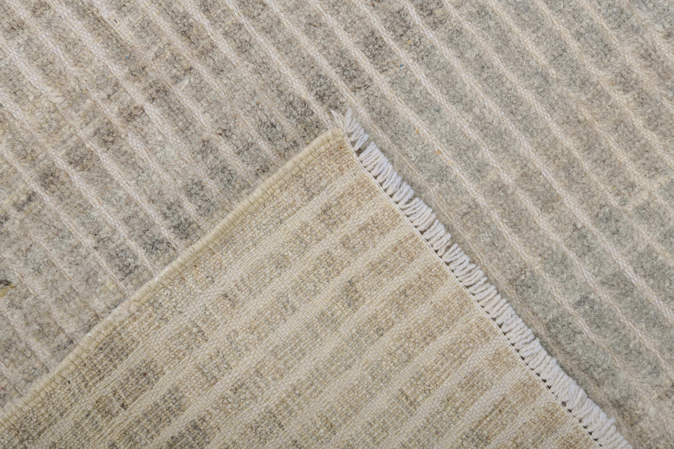 3' x 9' one-of-a-kind handmade vintage Tulu runner rug. Color palette: ivory, taupe, gray, cream, beige