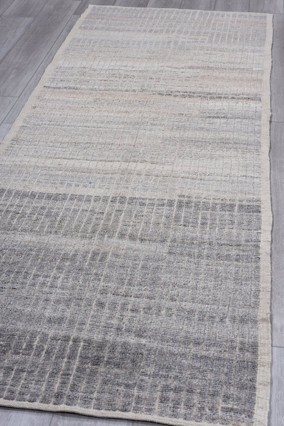3' x 8' one-of-a-kind handmade vintage Tulu runner rug. Color palette: ivory, gray, taupe, charcoal, beige, black