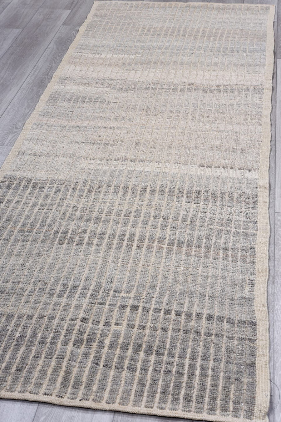 3' x 9' one-of-a-kind handmade vintage Tulu runner rug. Color palette: ivory, gray, taupe, charcoal, beige, black