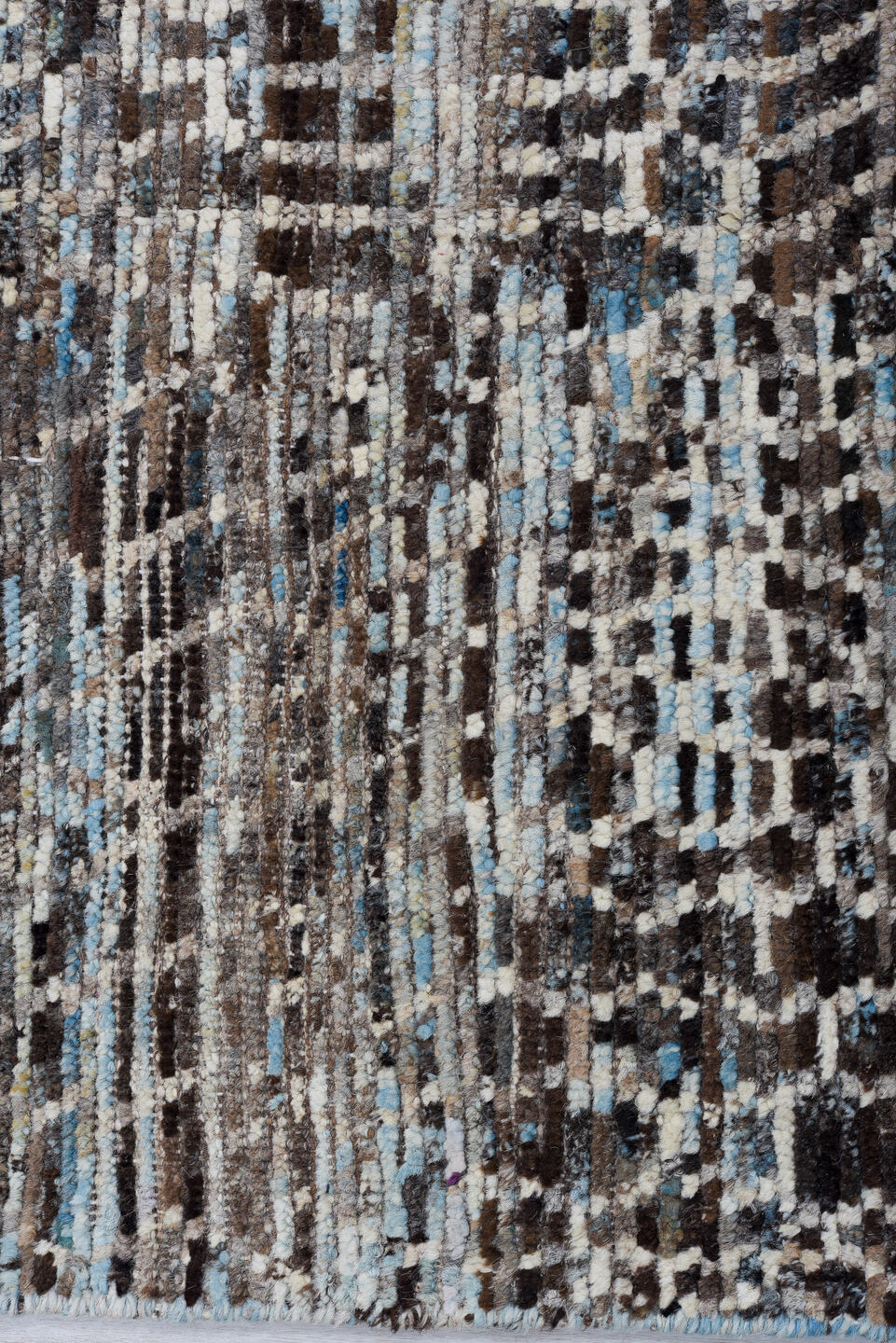 2' x 10' one-of-a-kind handmade vintage Tulu runner rug. Color palette: black, blue, brown, charcoal, dark gray, dim gray