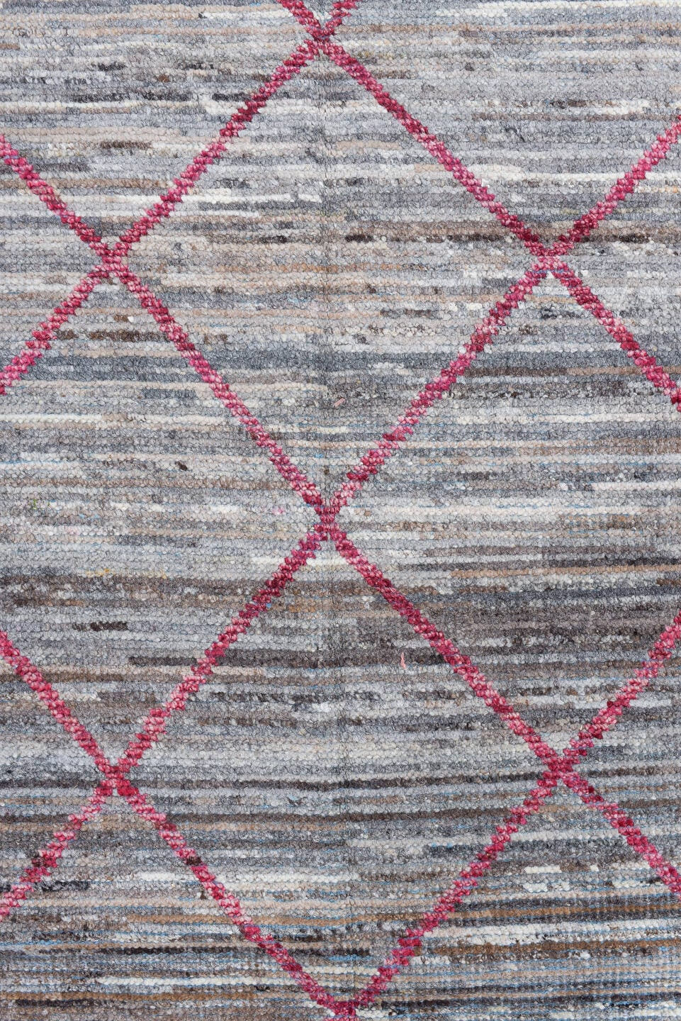 2' x 10' one-of-a-kind handmade vintage Tulu runner rug. Color palette: gray, ivory, raspberry, taupe, charcoal, sky_blue