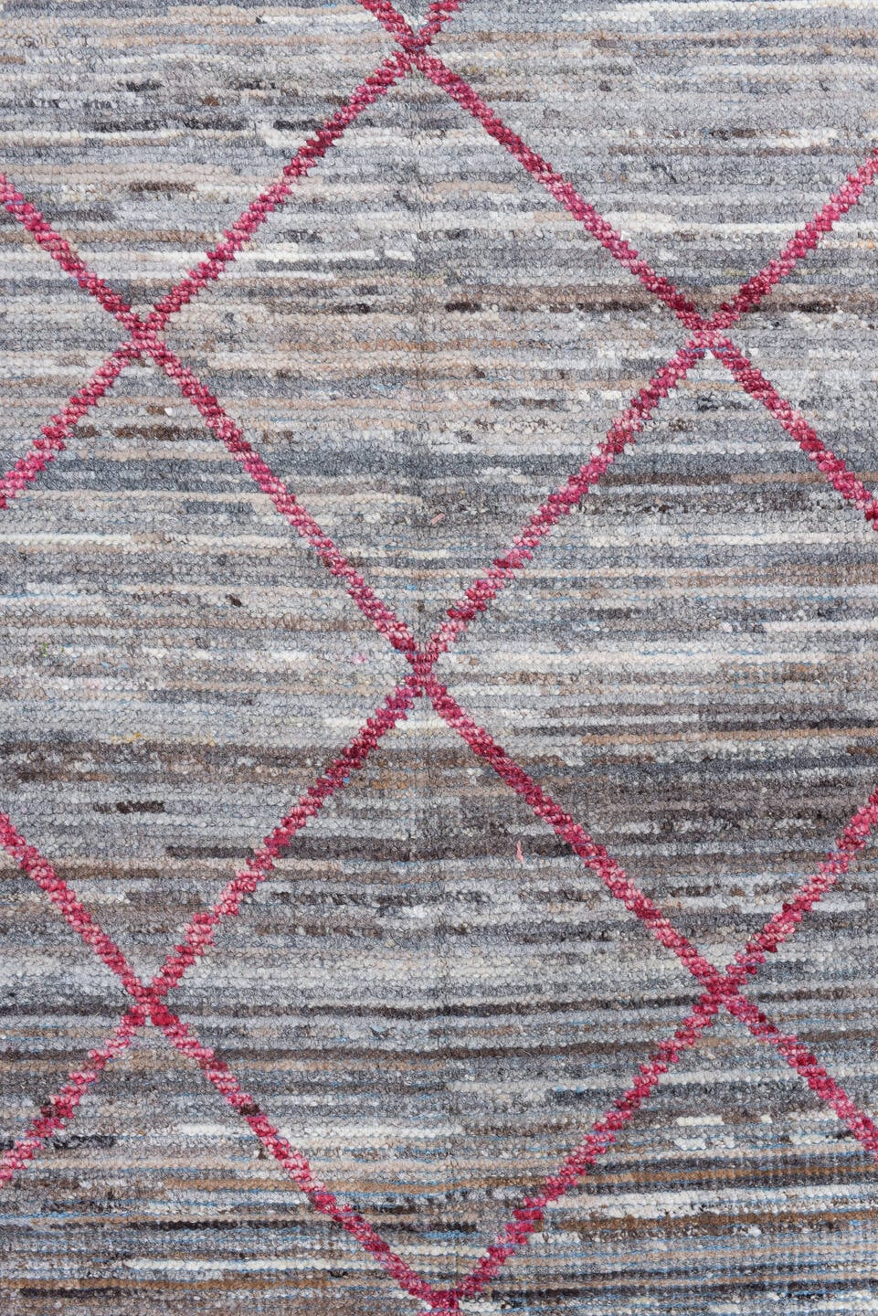 2' x 10' one-of-a-kind handmade vintage Tulu runner rug. Color palette: gray, ivory, raspberry, taupe, charcoal, sky_blue