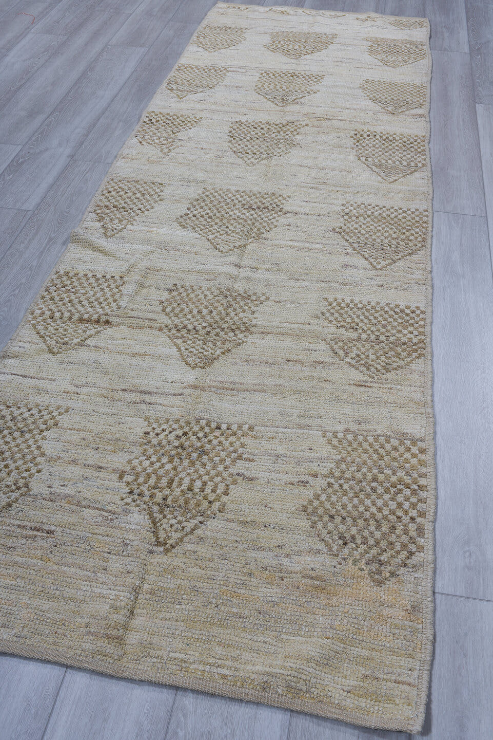 3' x 10' one-of-a-kind handmade vintage Tulu runner rug. Color palette: ivory, taupe, beige, cream, gray
