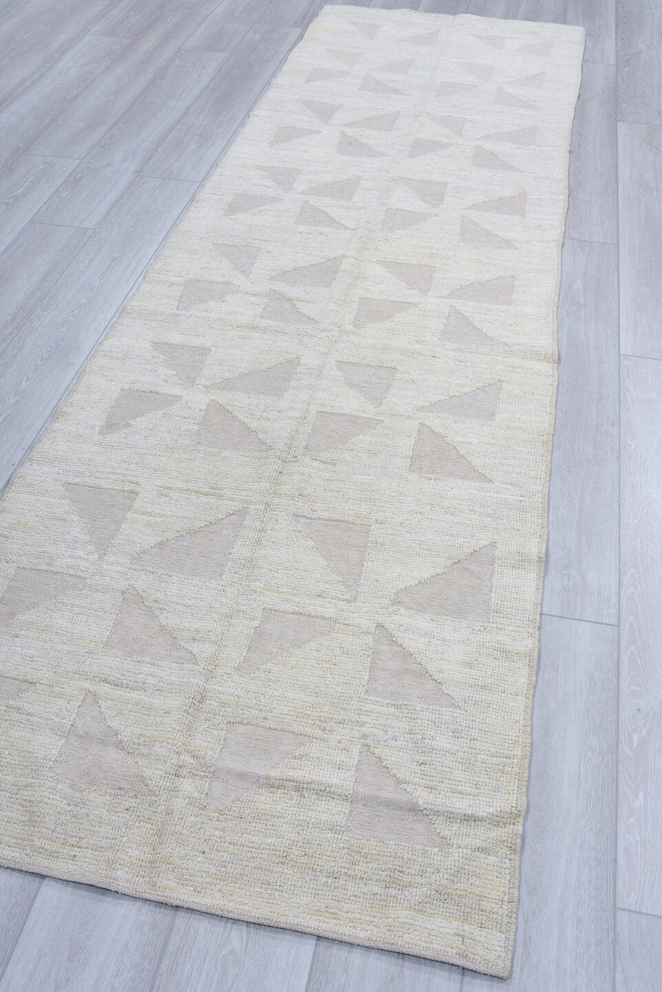 3' x 11' one-of-a-kind handmade vintage Tulu runner rug. Color palette: ivory, cream, beige, taupe, gray