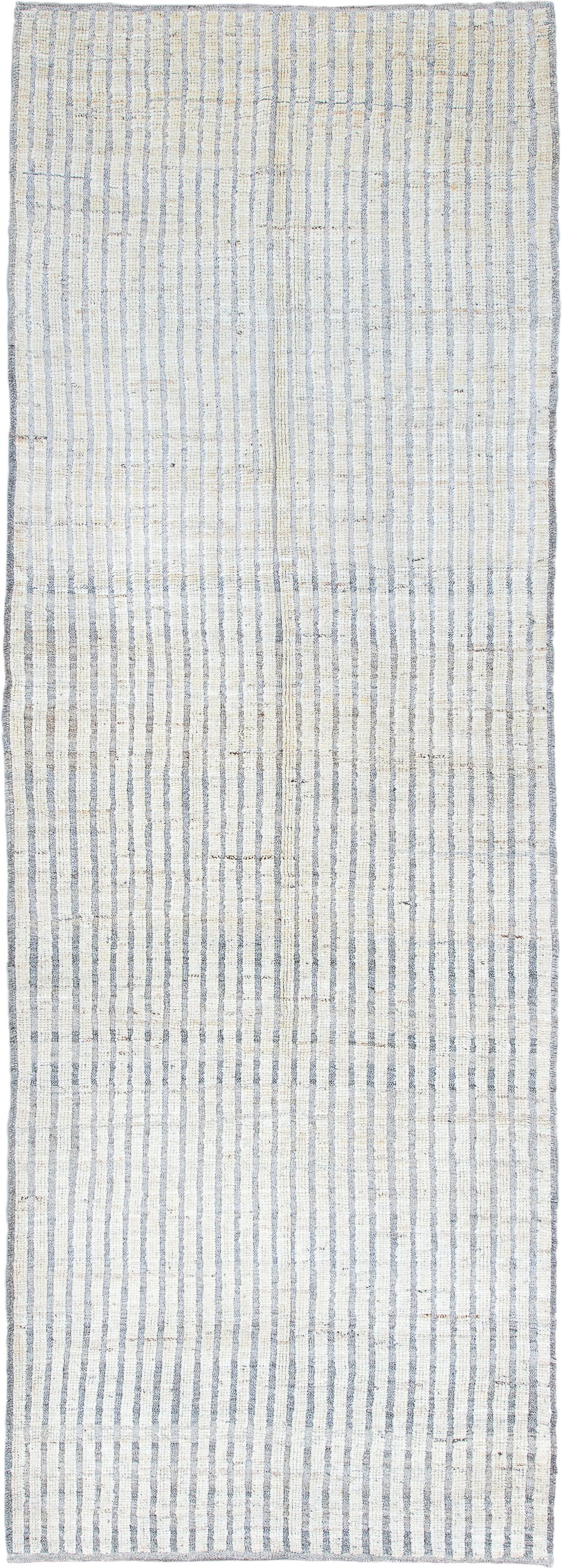 3' x 9' one-of-a-kind handmade vintage Tulu runner rug. Color palette: ivory, pale blue, light gray, light blue