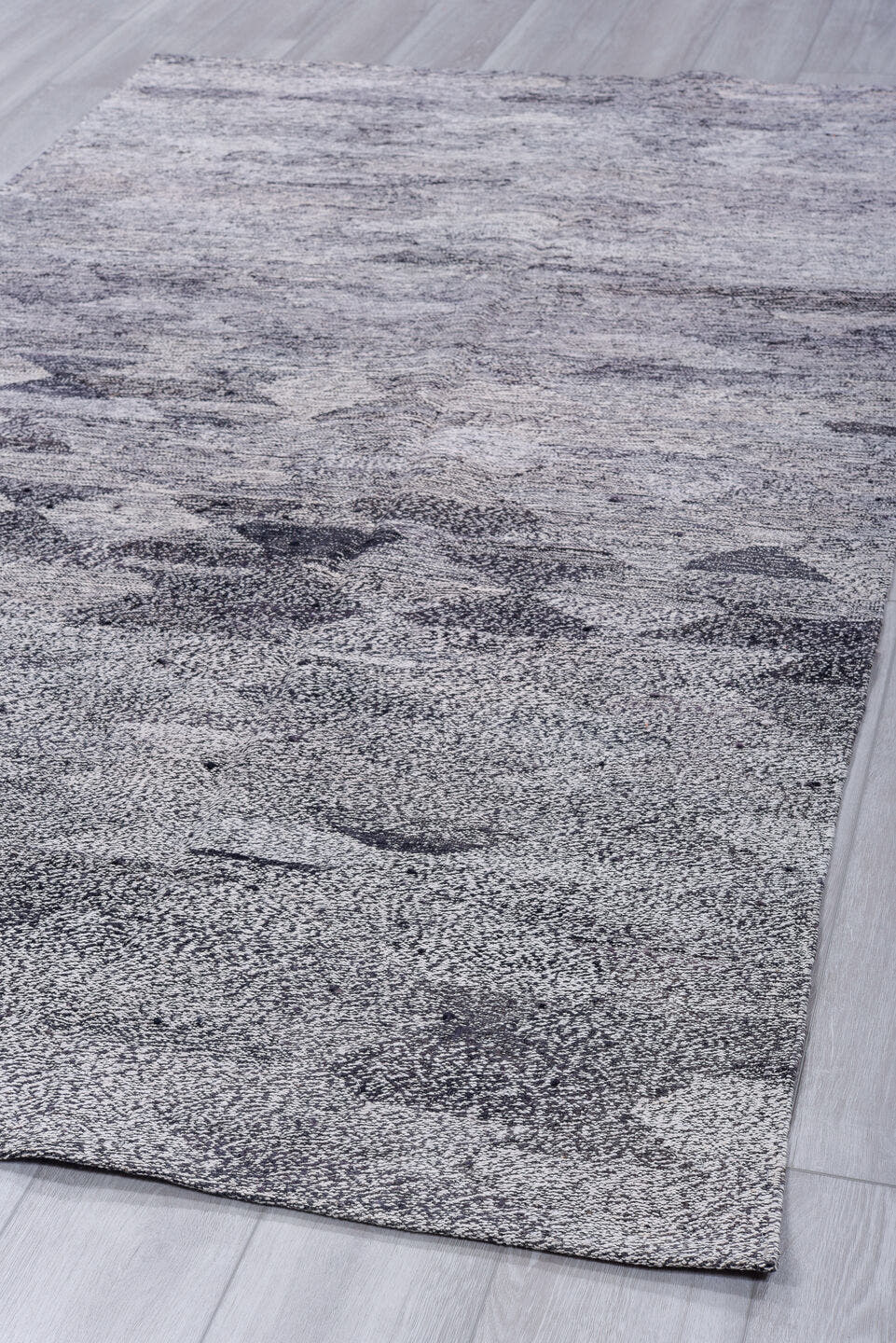 4' x 8' one-of-a-kind handmade vintage Kilim runner rug. Color palette: gray, charcoal, ivory, slate, black