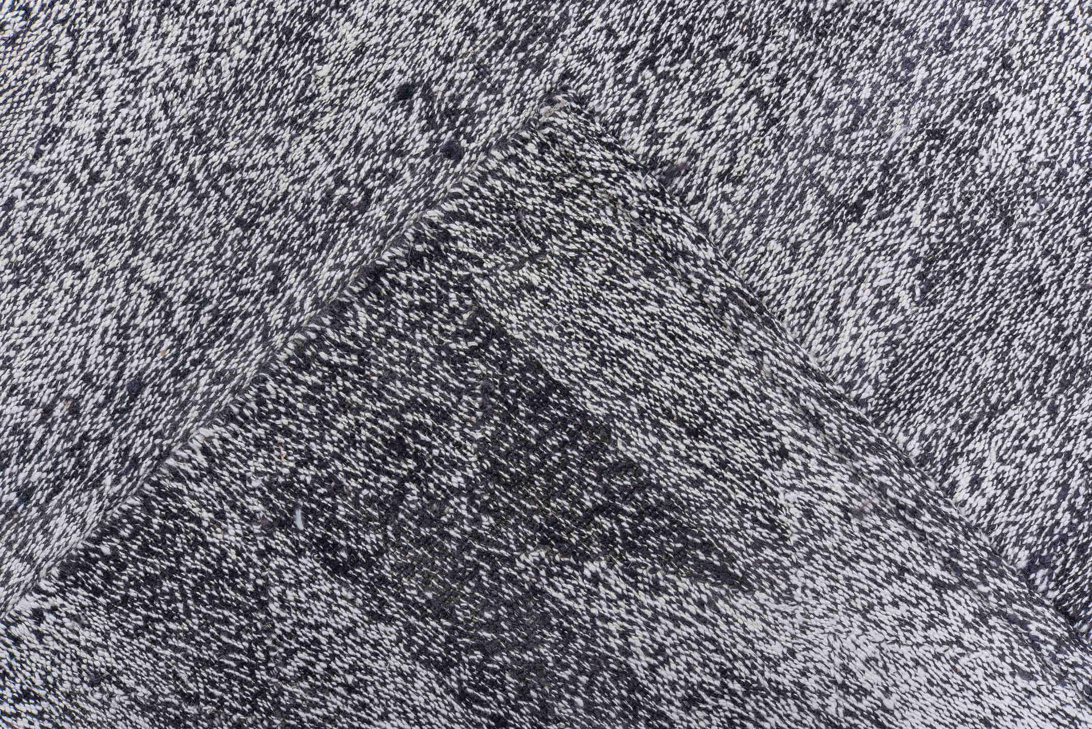 4' x 8' one-of-a-kind handmade vintage Kilim runner rug. Color palette: black, blue, dim gray, gainsboro, gray, light blue