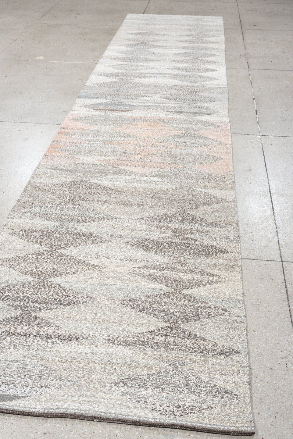 3' x 12' one-of-a-kind handmade vintage Tulu runner rug. Color palette: ivory, gray, taupe, blush, charcoal, cream, beige