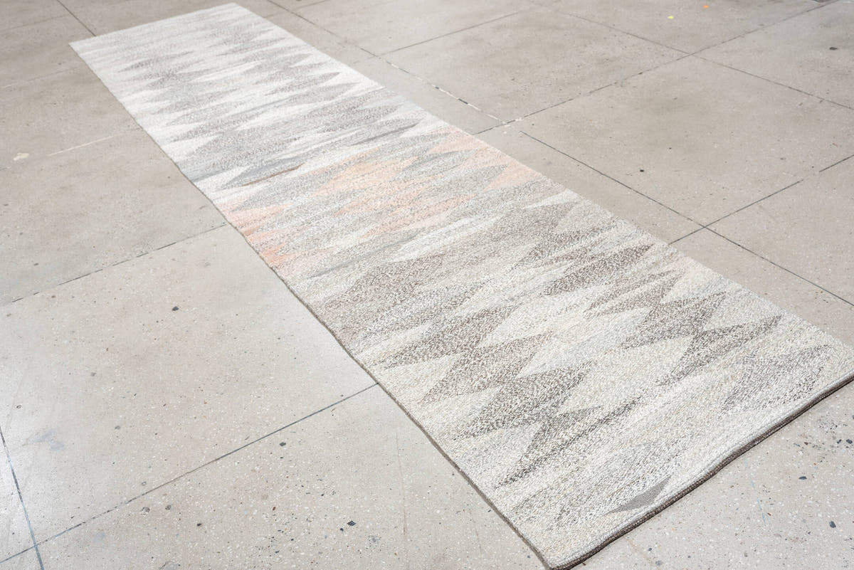3' x 12' one-of-a-kind handmade vintage Tulu runner rug. Color palette: ivory, gray, taupe, blush, charcoal, cream, beige