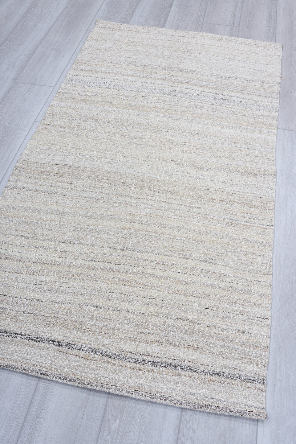 3' x 5' one-of-a-kind handmade vintage Kilim small size rug. Color palette: ivory, cream, taupe, gray, beige