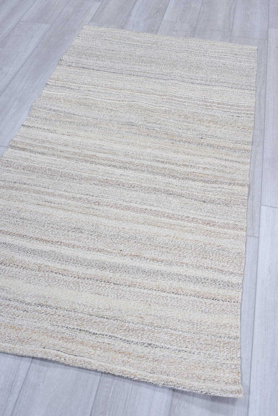 2' x 5' one-of-a-kind handmade vintage Kilim small size rug. Color palette: ivory, cream, taupe, light_gray, beige, gray