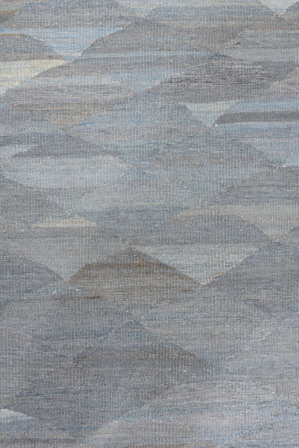 2' x 10' one-of-a-kind handmade vintage Tulu runner rug. Color palette: blue, gray, light blue, light gray, off-white