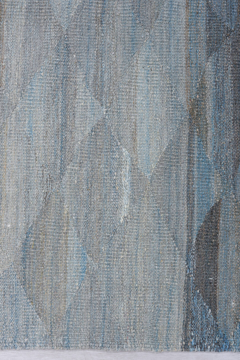 2' x 10' one-of-a-kind handmade vintage Tulu runner rug. Color palette: blue, gray, light blue, light gray, off-white