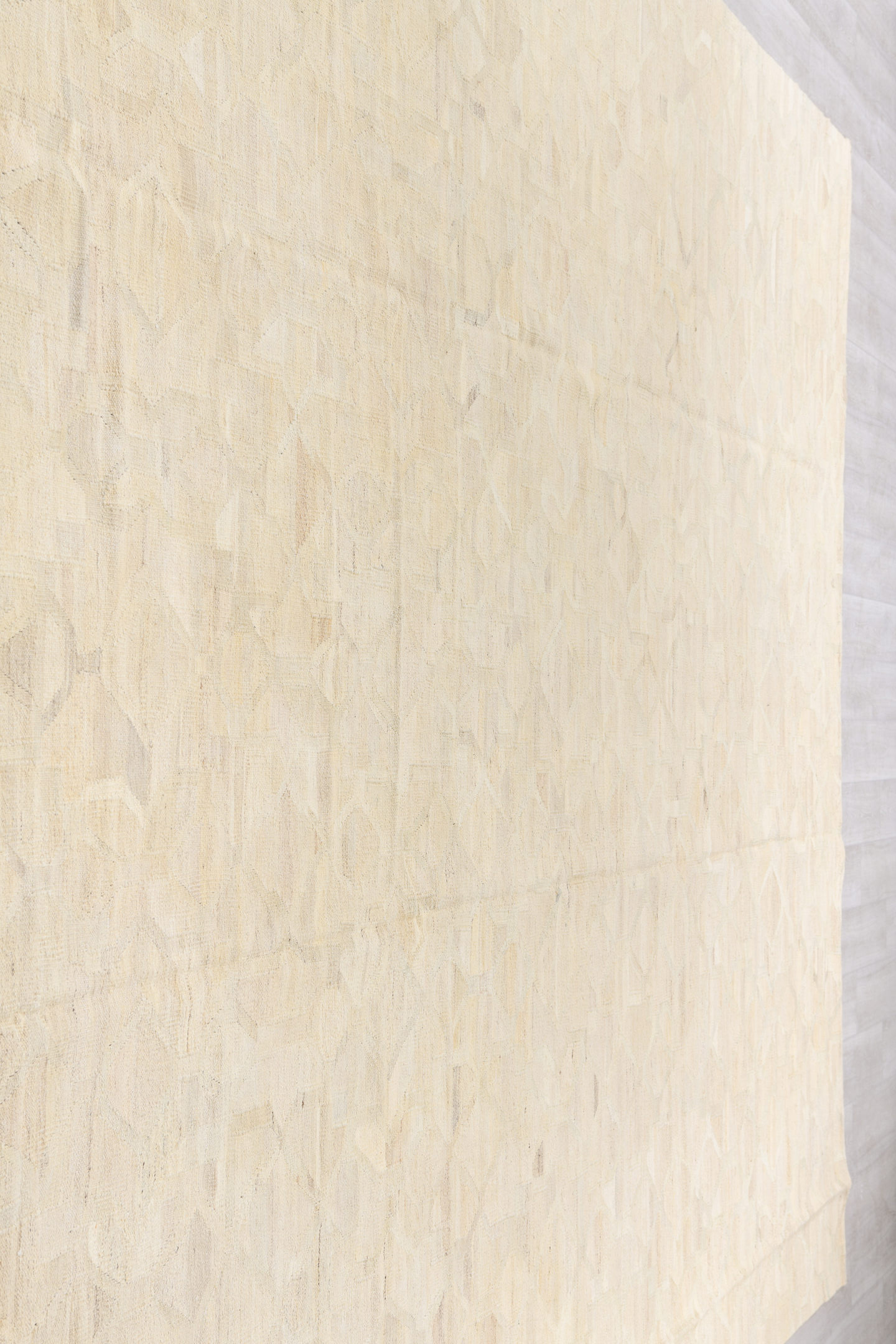 10' x 13' one-of-a-kind handmade vintage Kilim large size rug. Color palette: ivory, cream, beige, taupe, sand, light gray