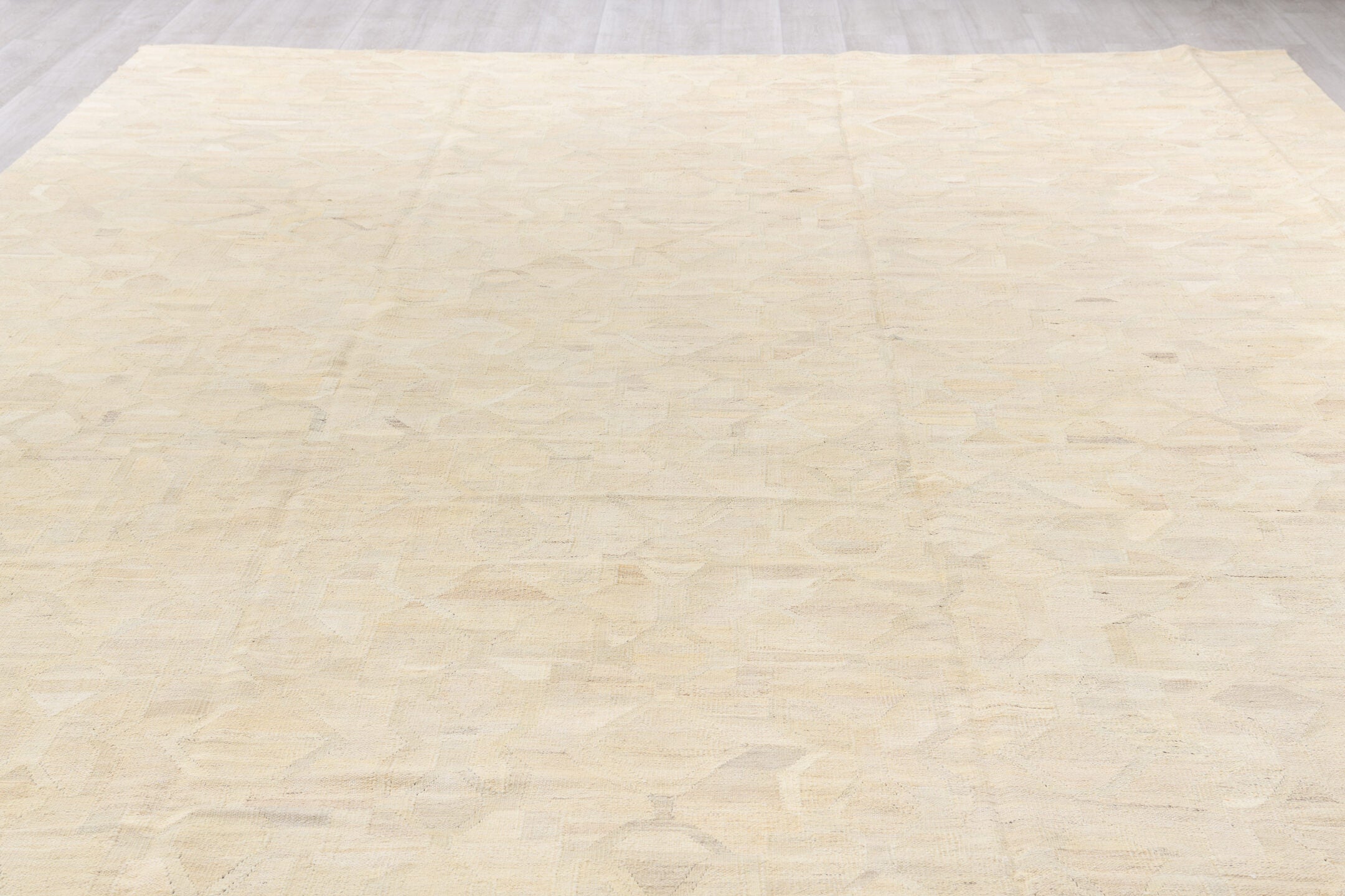 10' x 13' one-of-a-kind handmade vintage Kilim large size rug. Color palette: antiquewhite, beige, brown, dark gray, gray