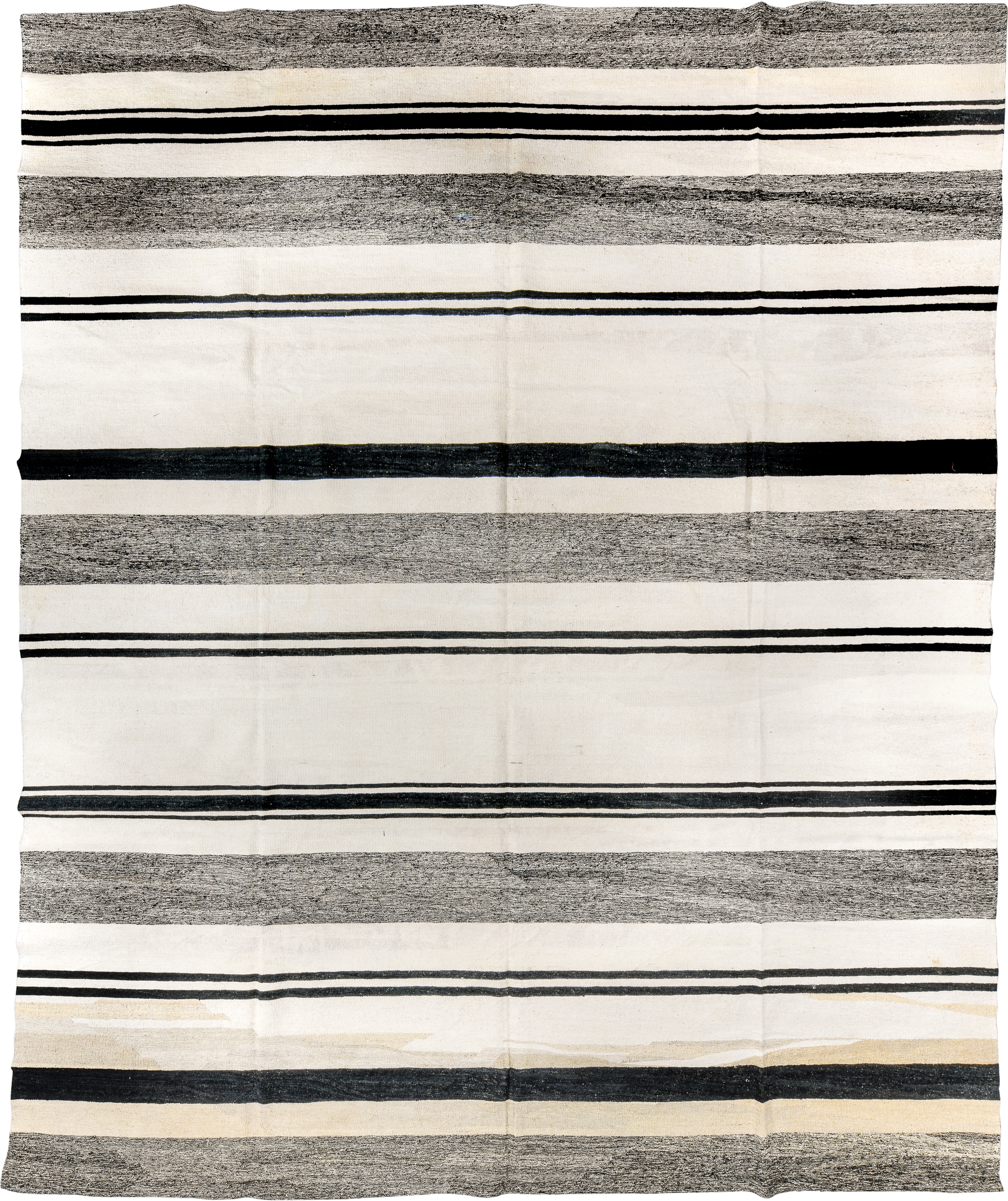 13' x 16' one-of-a-kind handmade vintage Kilim oversize rug. Color palette: ivory, charcoal, black, cream, gray