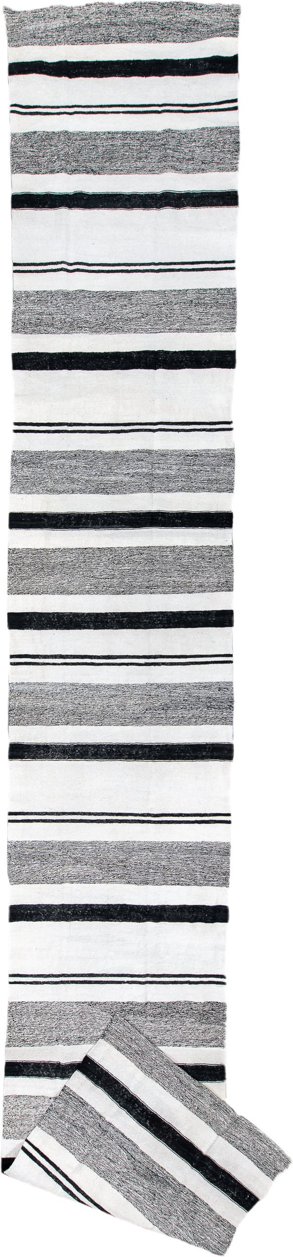 4' x 25' one-of-a-kind handmade vintage Kilim runner rug. Color palette: ivory, charcoal, black, gray