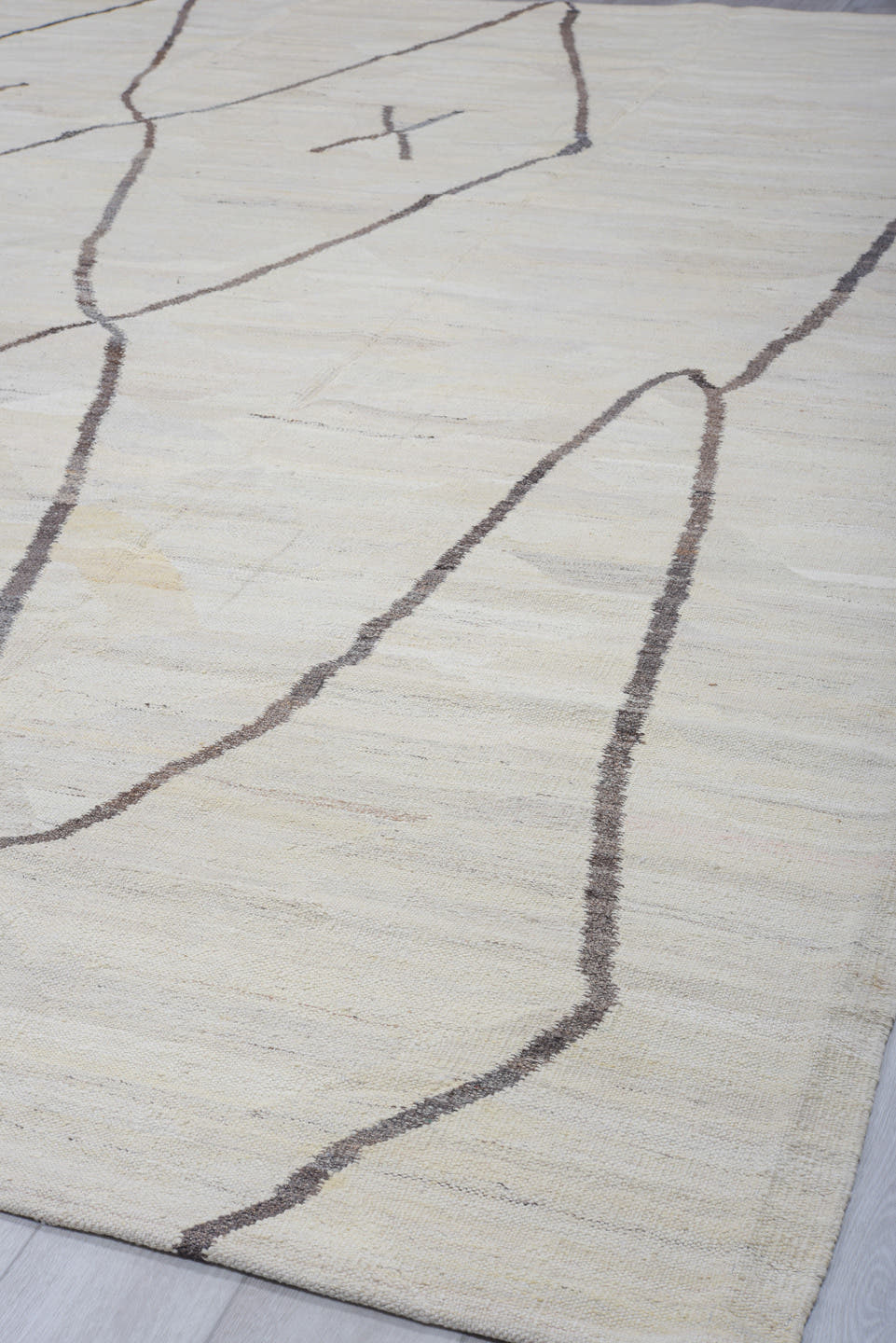 10' x 13' one-of-a-kind handmade vintage Kilim large size rug. Color palette: ivory, charcoal, taupe, gray, black, beige