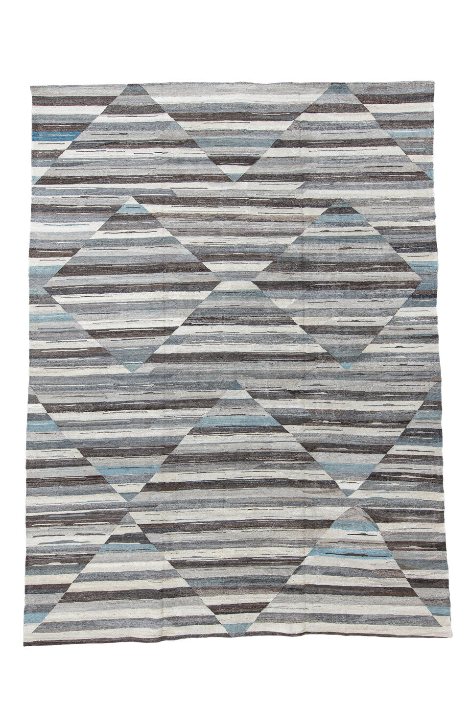 9' x 13' one-of-a-kind handmade vintage Tulu large size rug. Color palette: arapawa, black, blue, charcoal, dim gray, gray