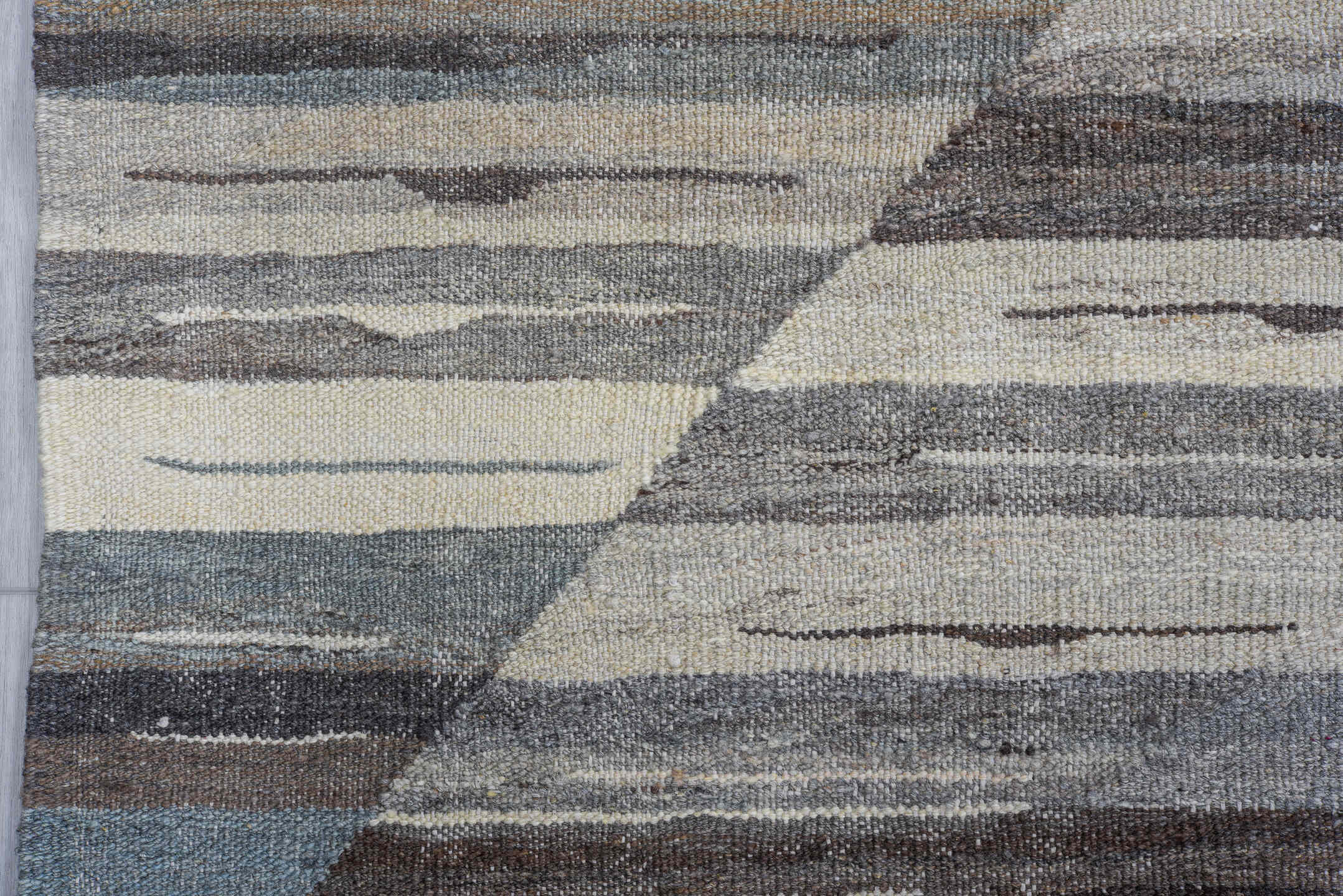 9' x 13' one-of-a-kind handmade vintage Tulu large size rug. Color palette: gray, ivory, charcoal, pale_blue, taupe, black