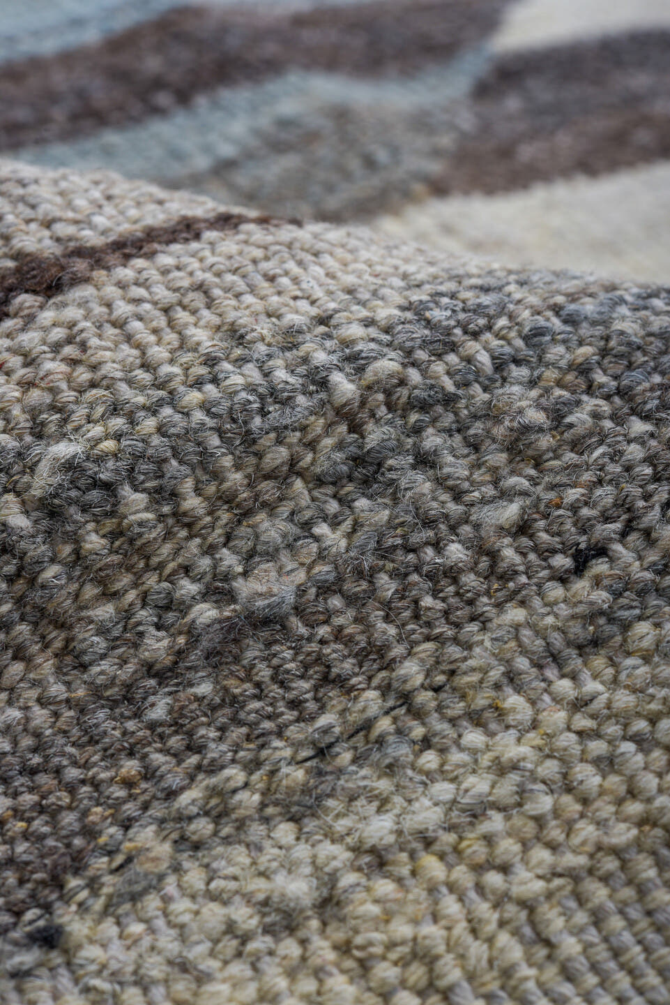 9' x 13' one-of-a-kind handmade vintage Tulu large size rug. Color palette: gray, ivory, charcoal, pale_blue, taupe, black