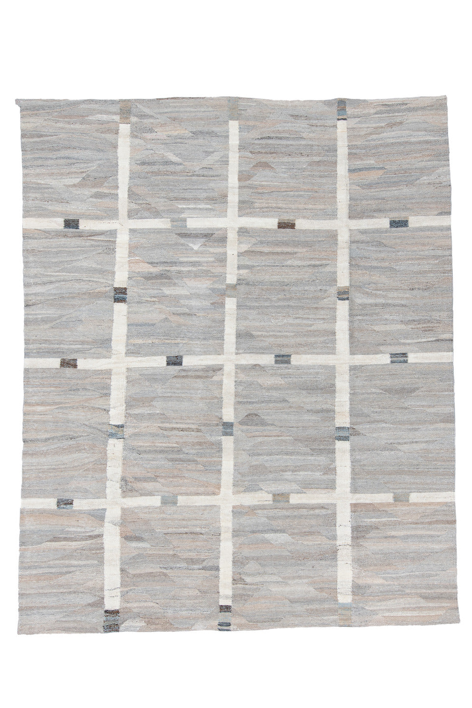 9' x 11' one-of-a-kind handmade vintage Kilim large size rug. Color palette: dark gray, gray, light blue, light gray