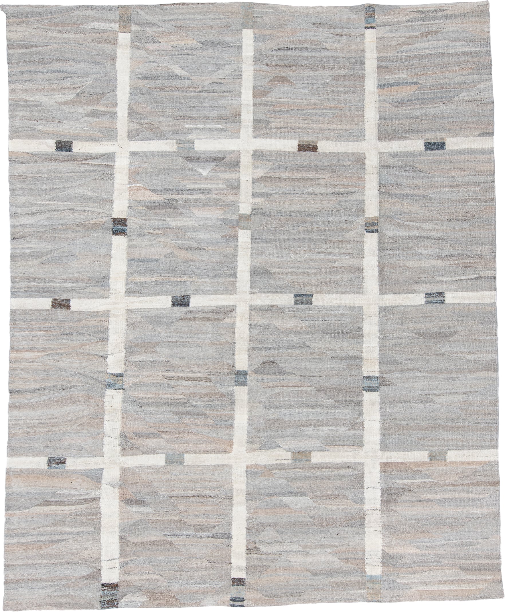9' x 11' one-of-a-kind handmade vintage Kilim large size rug. Color palette: ivory, pale blue, taupe, charcoal, cream, slate