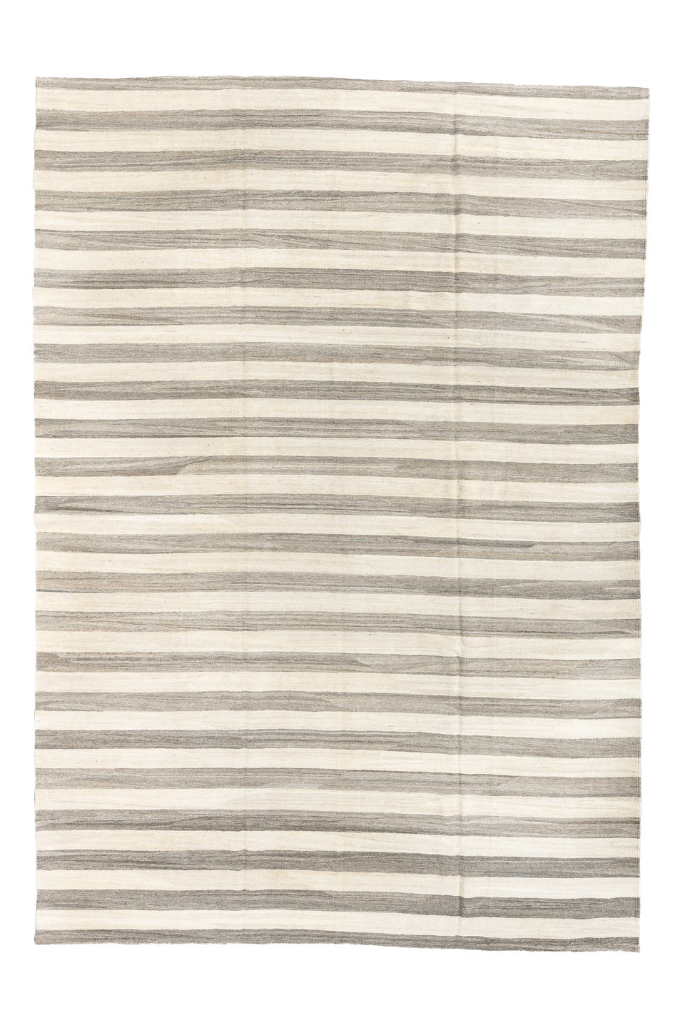 9' x 13' one-of-a-kind handmade vintage Kilim large size rug. Color palette: brown, gray, light gray, linen, off-white