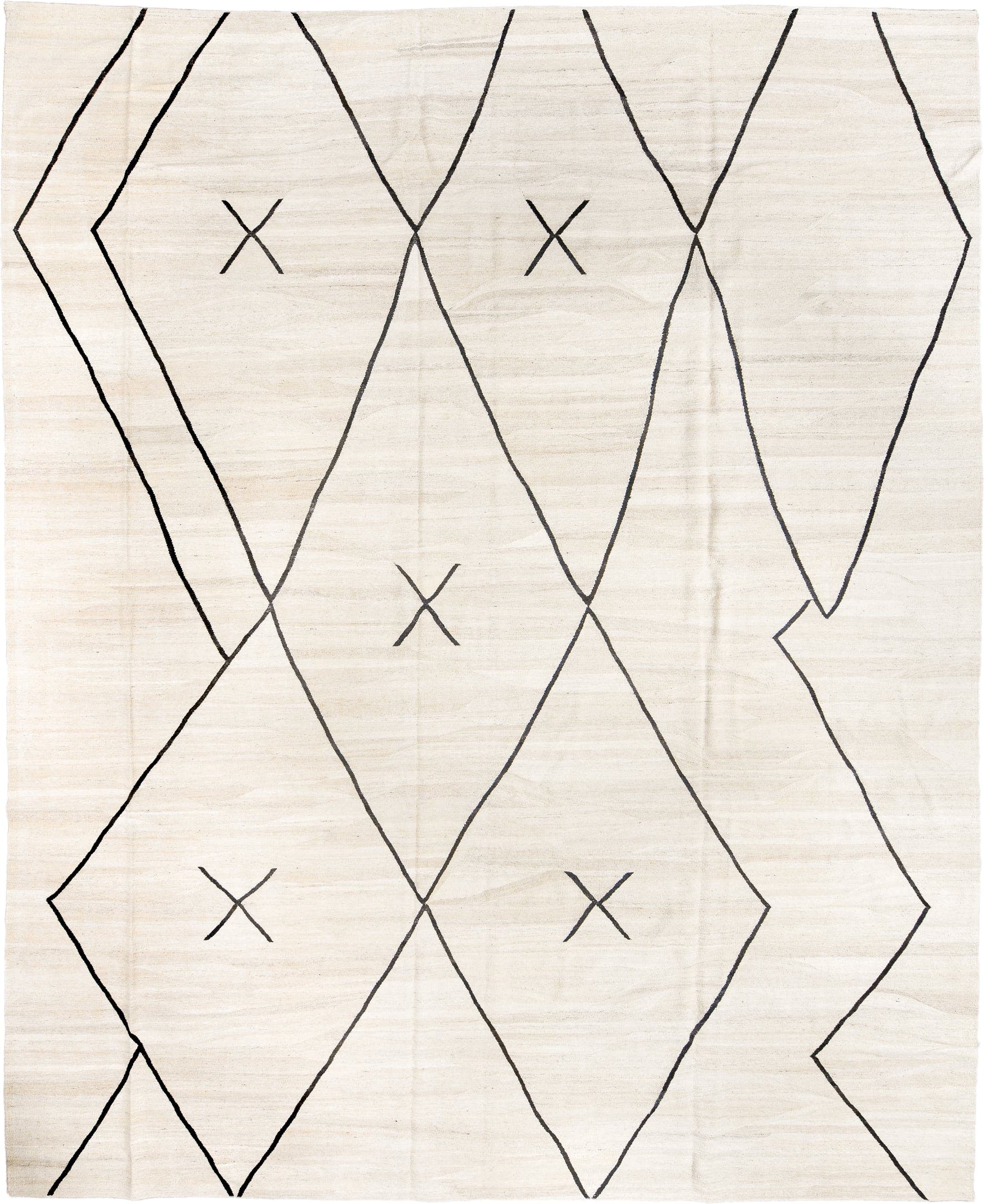 12' x 15' one-of-a-kind handmade vintage Kilim oversize rug. Color palette: ivory, charcoal, cream, gray, black